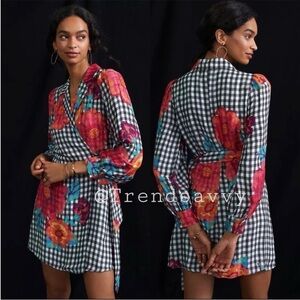 Anthropologie Farm Rio Black Gingham Floral Wrap Mini Dress Large Boho Chic NWT